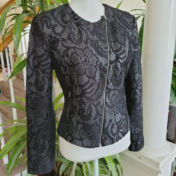 Miss Selfridge Black Lace & Metallic Gunmetal Moto Jacket Size 8 Lightweight - Picture 2 of 9